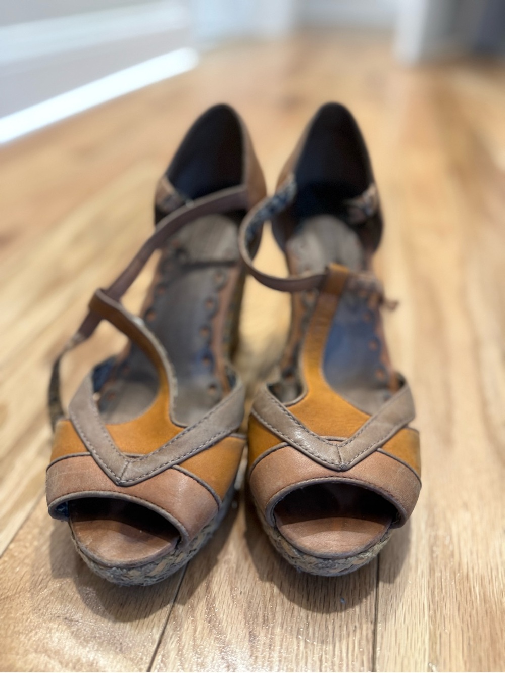 Seychelles Two-Tone Brown and Tan Peep-Toe Wedge Sandals